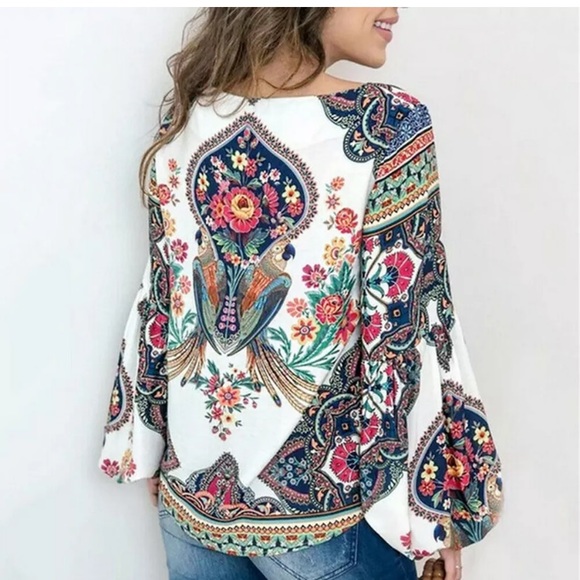 Boho Parrot Floral Tassel V-Neck Flared Sleeve Top - Picture 2 of 4